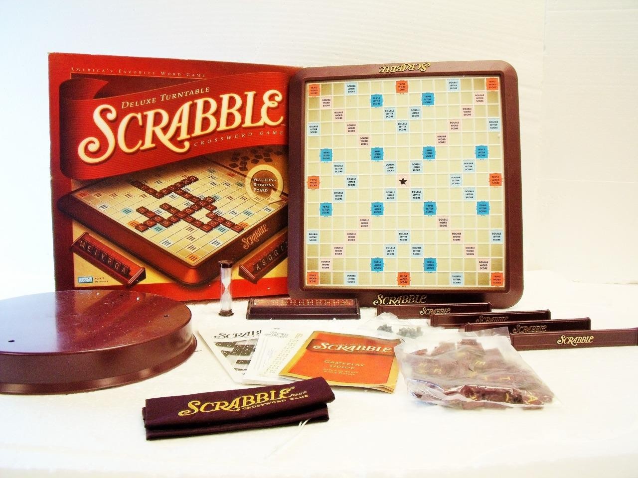 Deluxe Scrabble Turntable Edition Crossword Board Game Complete Burgundy Tiles