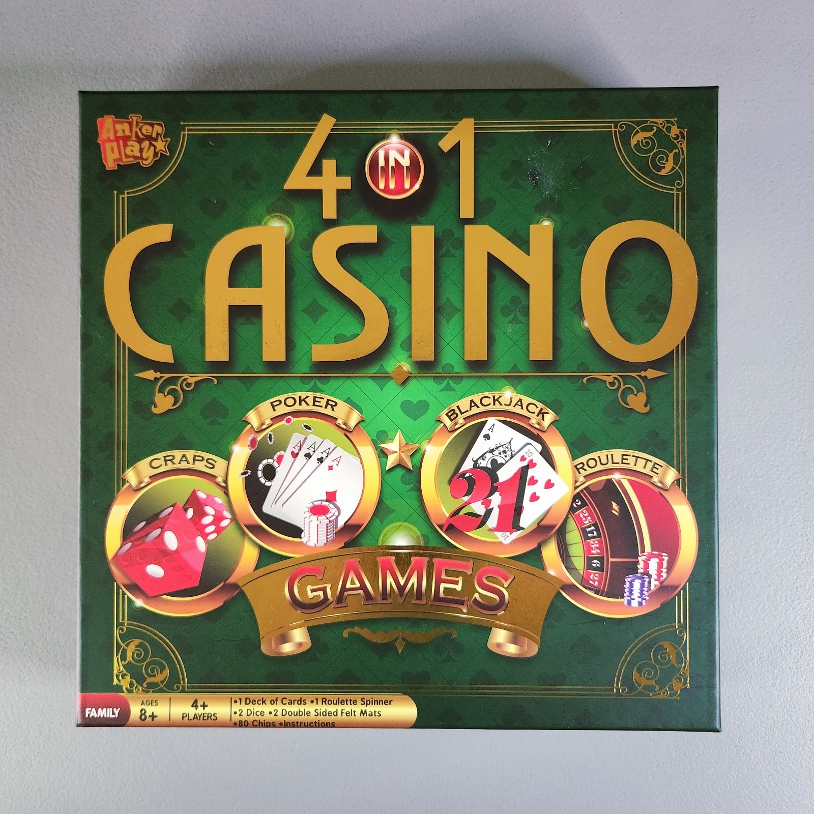 Anker Play 4 in 1 Casino Games Board Game Poker Blackjack Craps Roulette New Set