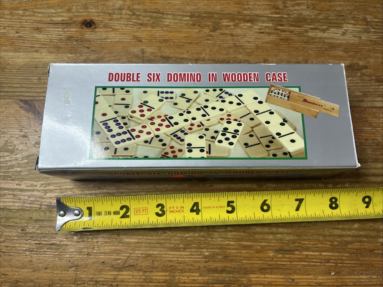Double Six Dominoes Wooden Case Set of 28 Metal Spinner Wood Box