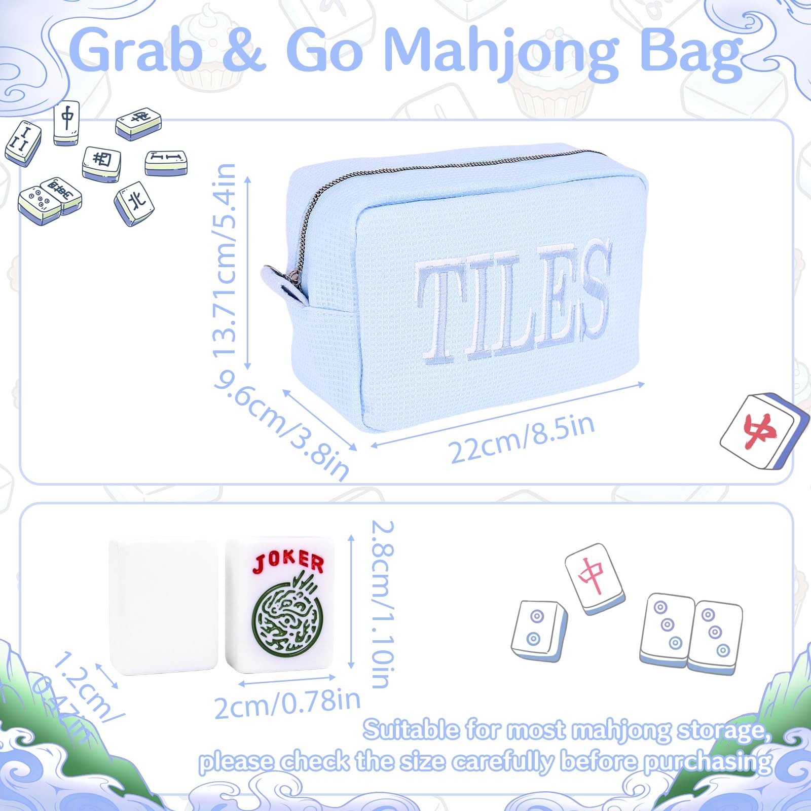 Empty Mahjong Tile Bag with Zipper, Thickened Waffle Storage Pouch for 166 Ma…