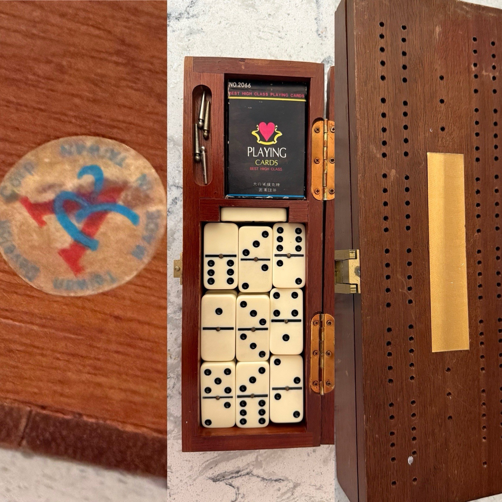 Vintage Taiwan Made – Domino Set In Wooden Box W/28 Domino’s & Playing Card