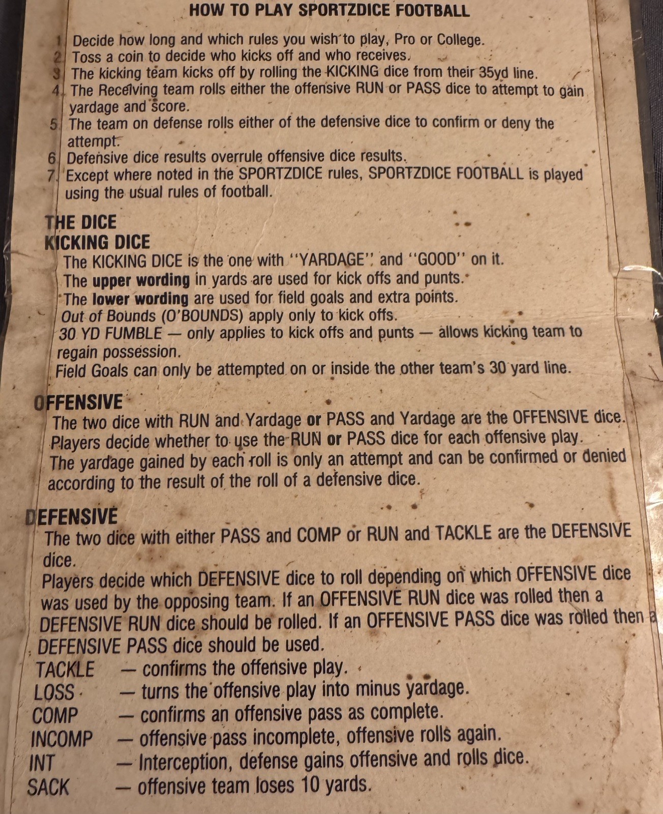 Sportzdice Football 5 Dice Set Game by Tevele 1986 (Pg59E)