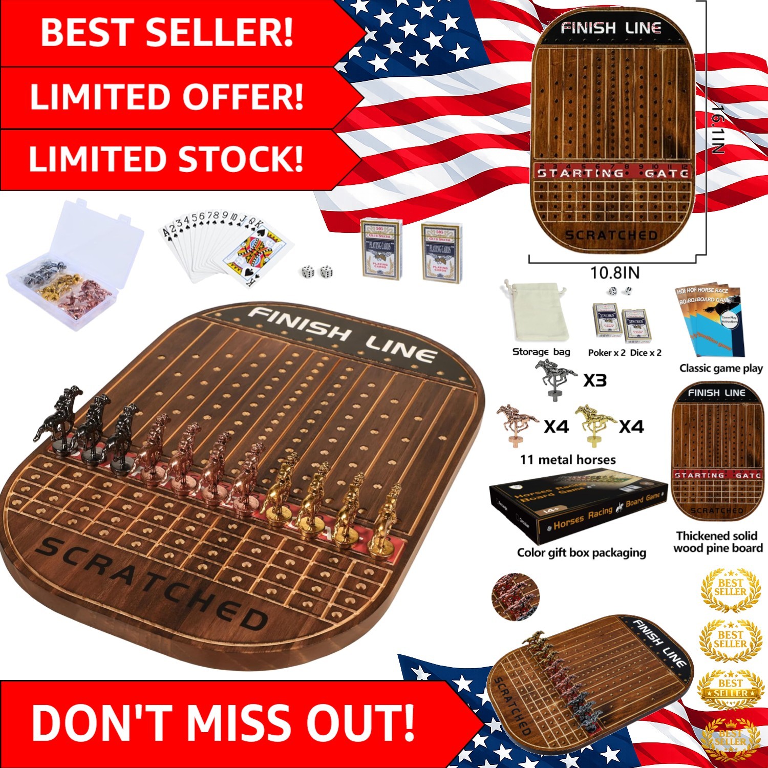 Horse Race Board Game Racing Game Thickened Solid Wood with 11 Luxurious Dura…