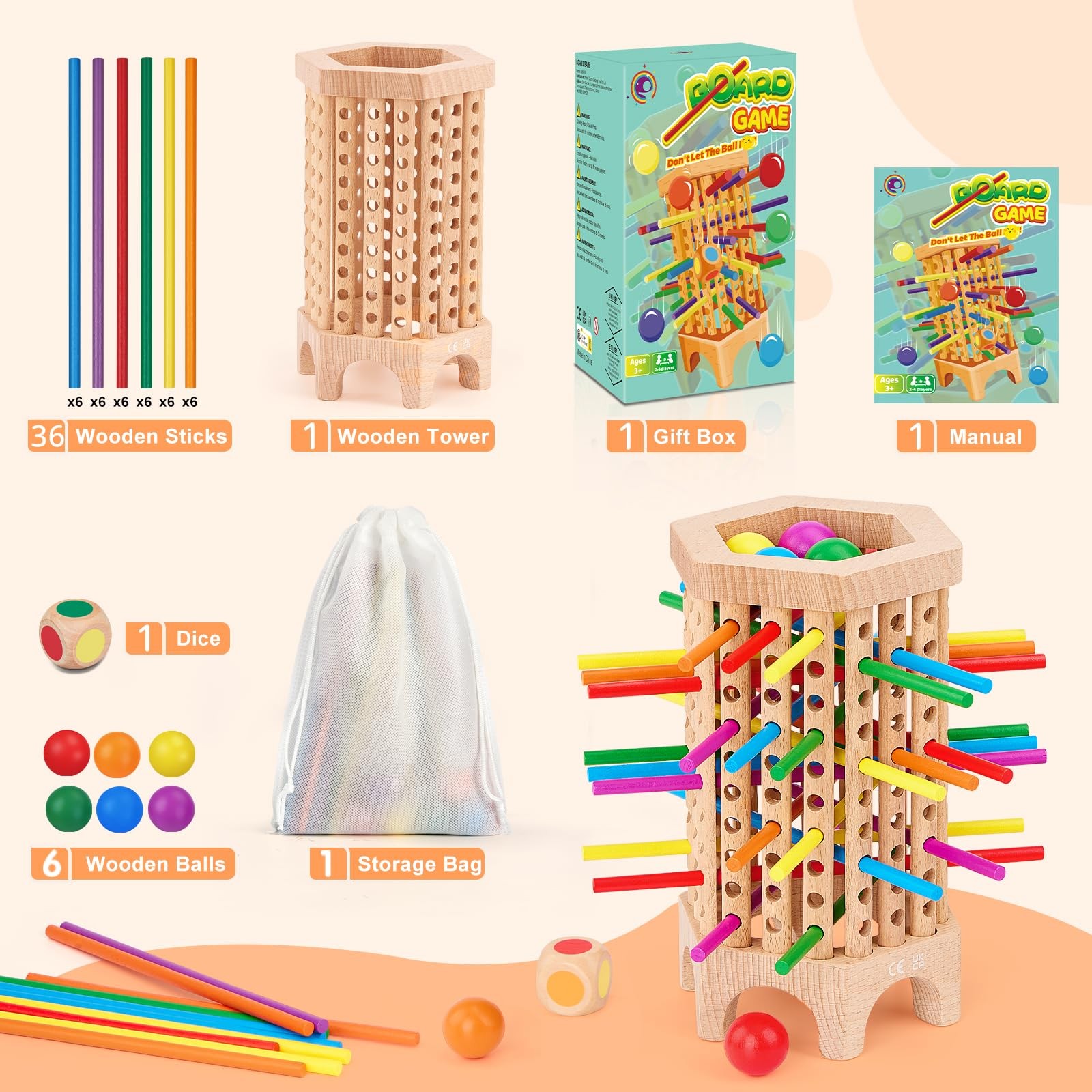 Montessori Game Wooden Board Games for 4-6-8, Colorful Sticks Math Educationa…