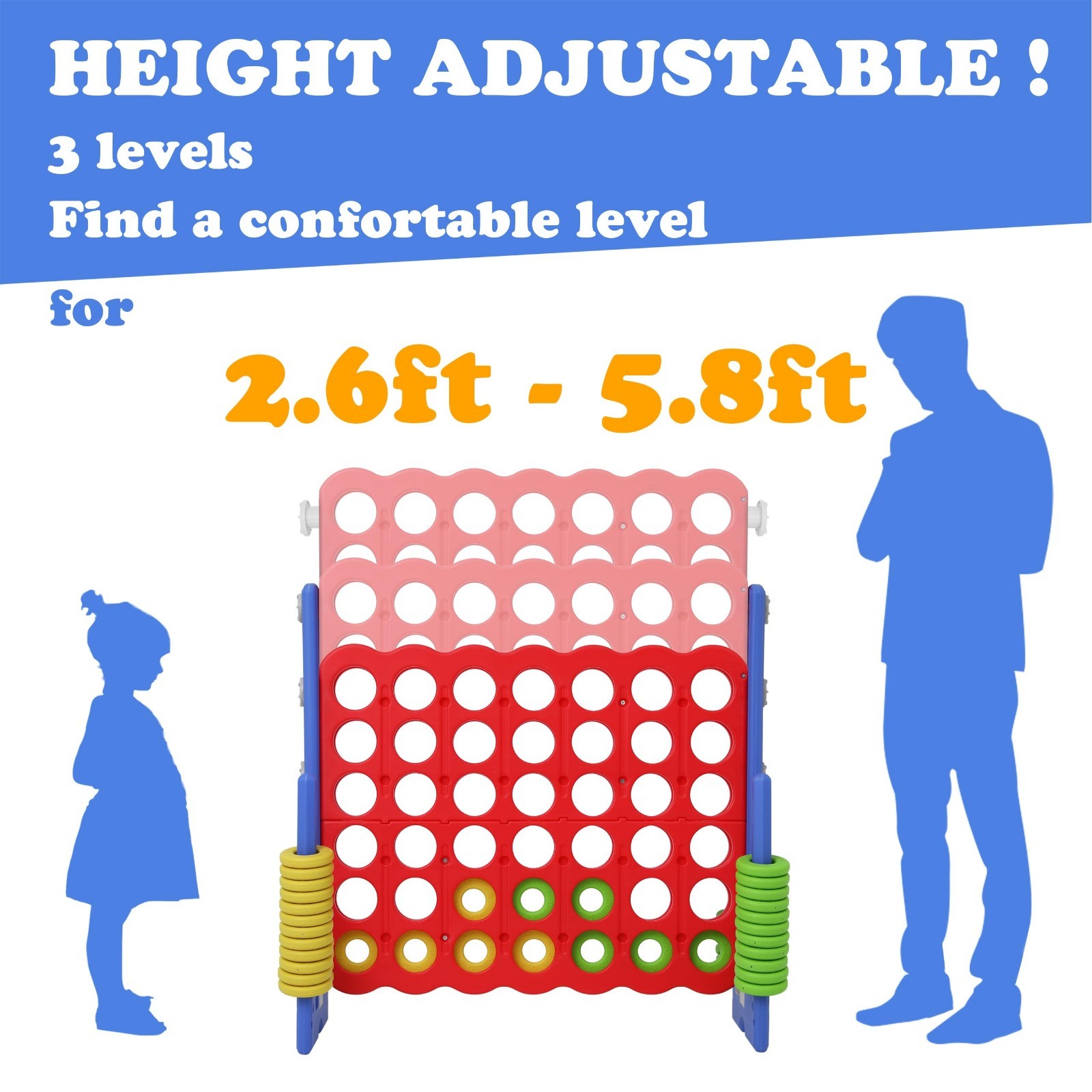Jumbo 4 in a Row Game – Giant Connect 4 Set, Adjustable Height 2.5-3.5 FT, Indoo