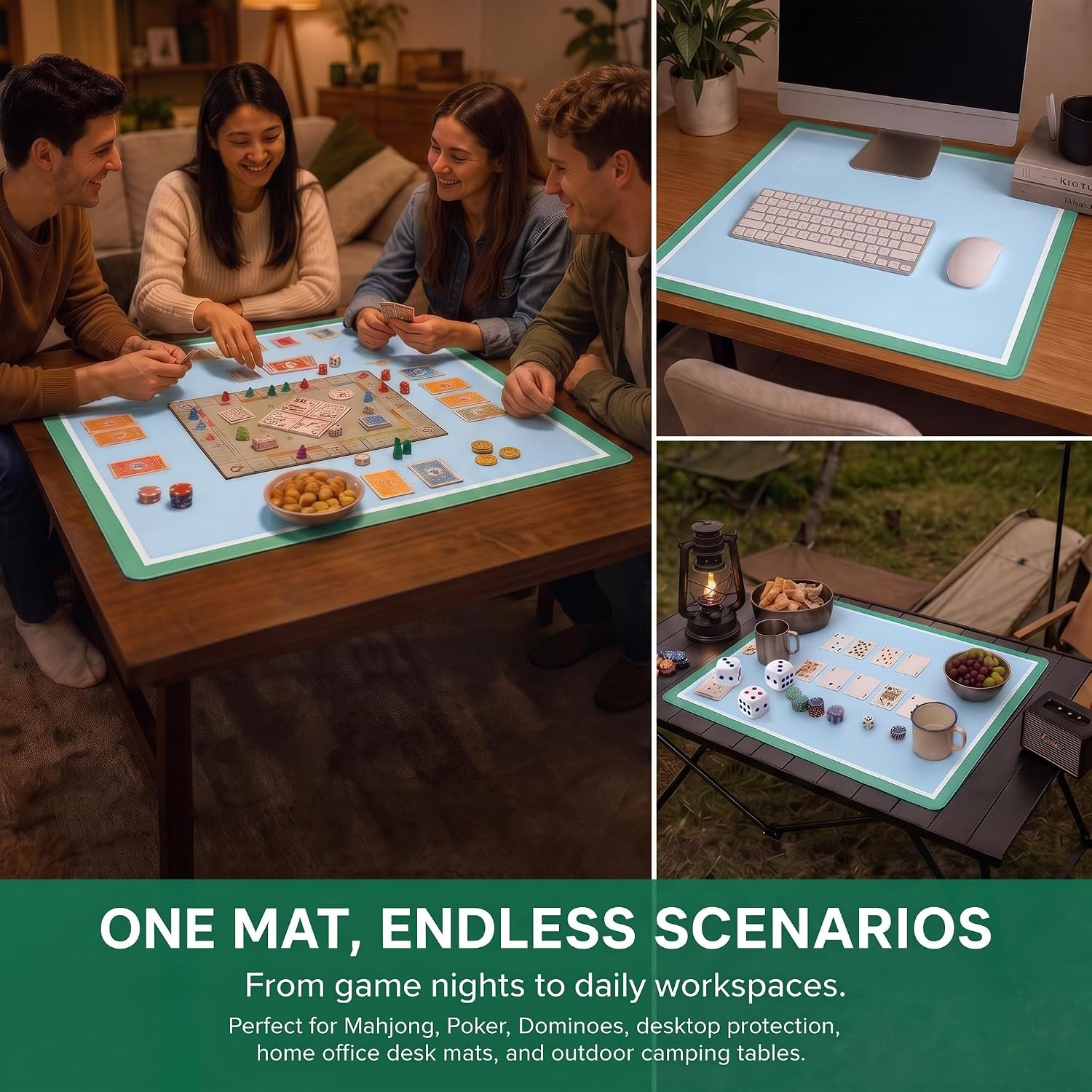 Green White Light Blue Mahjong Mat 31.5X31.5 Inch Thick Neoprene Waterproof