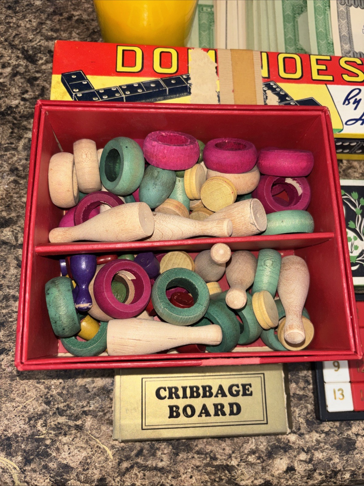 Lot Vintage Board Games Domino. Chess. Cribbage Board Dice Cards Chips
