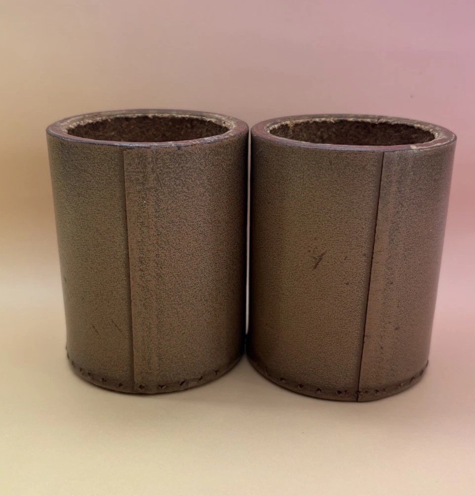 TWO Vintage DICE CUPS Shakers Tan Leather Round Backgammon Crisloid-Style