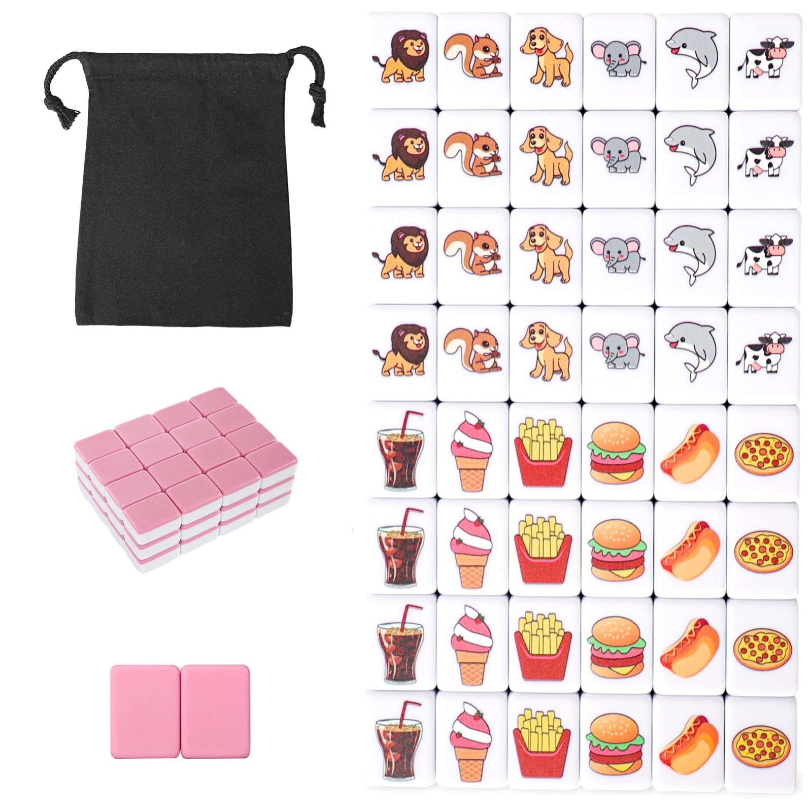 2 Player Mahjong Block Set – 50 Premium Pink Tiles, Animal & Food Patterns, Port