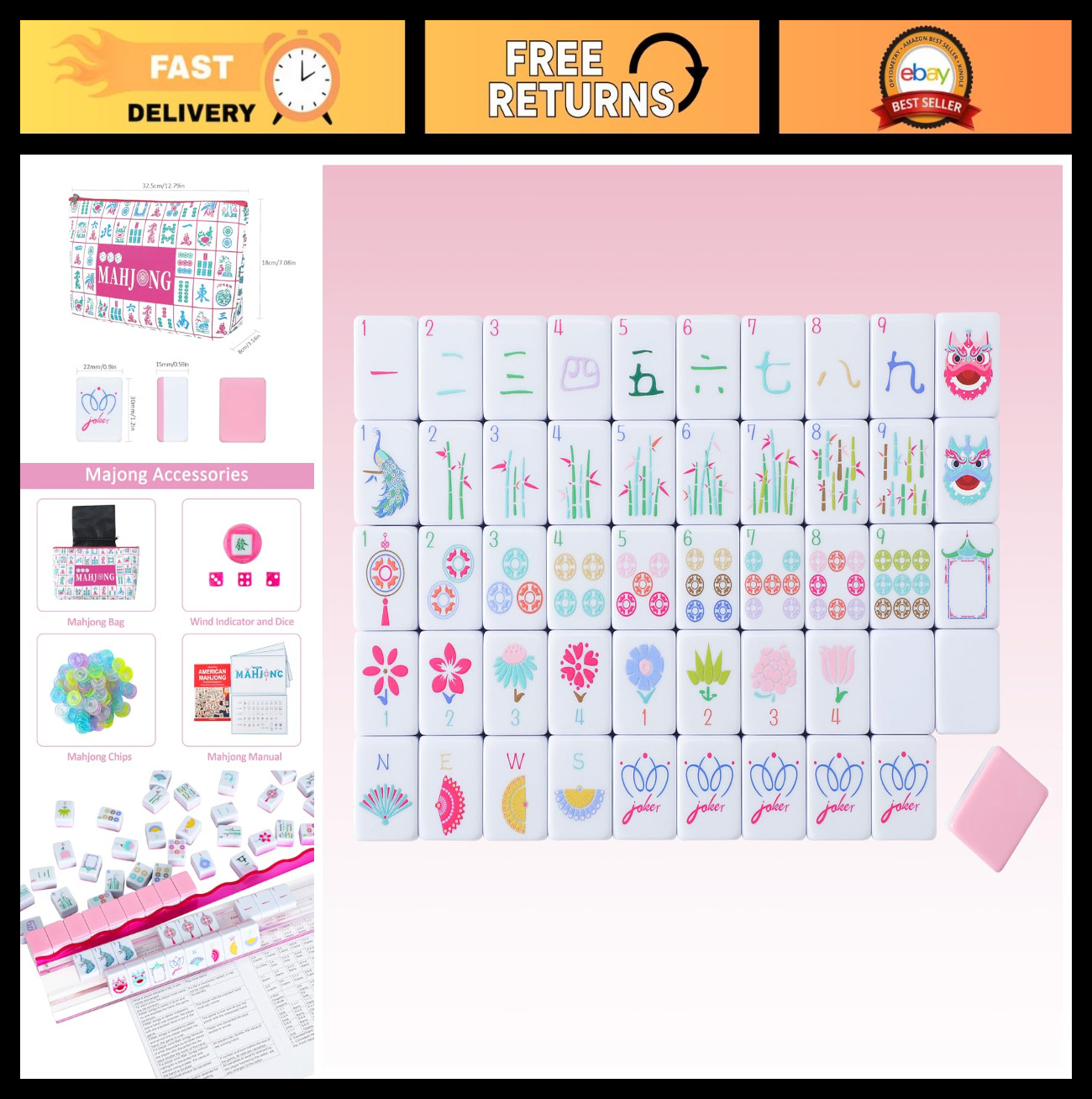 160 Pink Mahjong Game Set with Carrying Bag & Accessories – 1.2’’ Tiles, Fun Gam