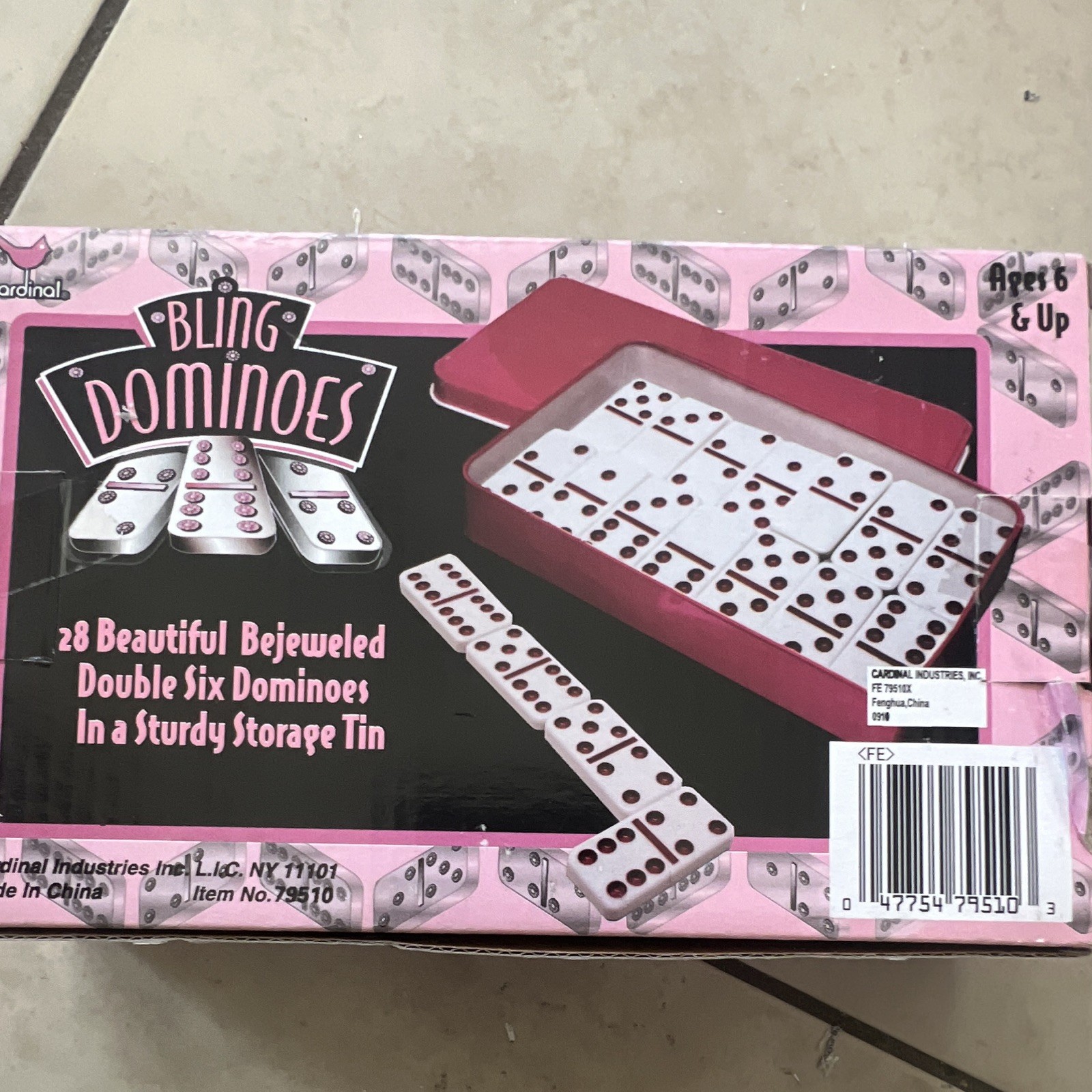 Cardinal Bling Bejeweled Dominoes Double Six Pink in Purple Storage Tin