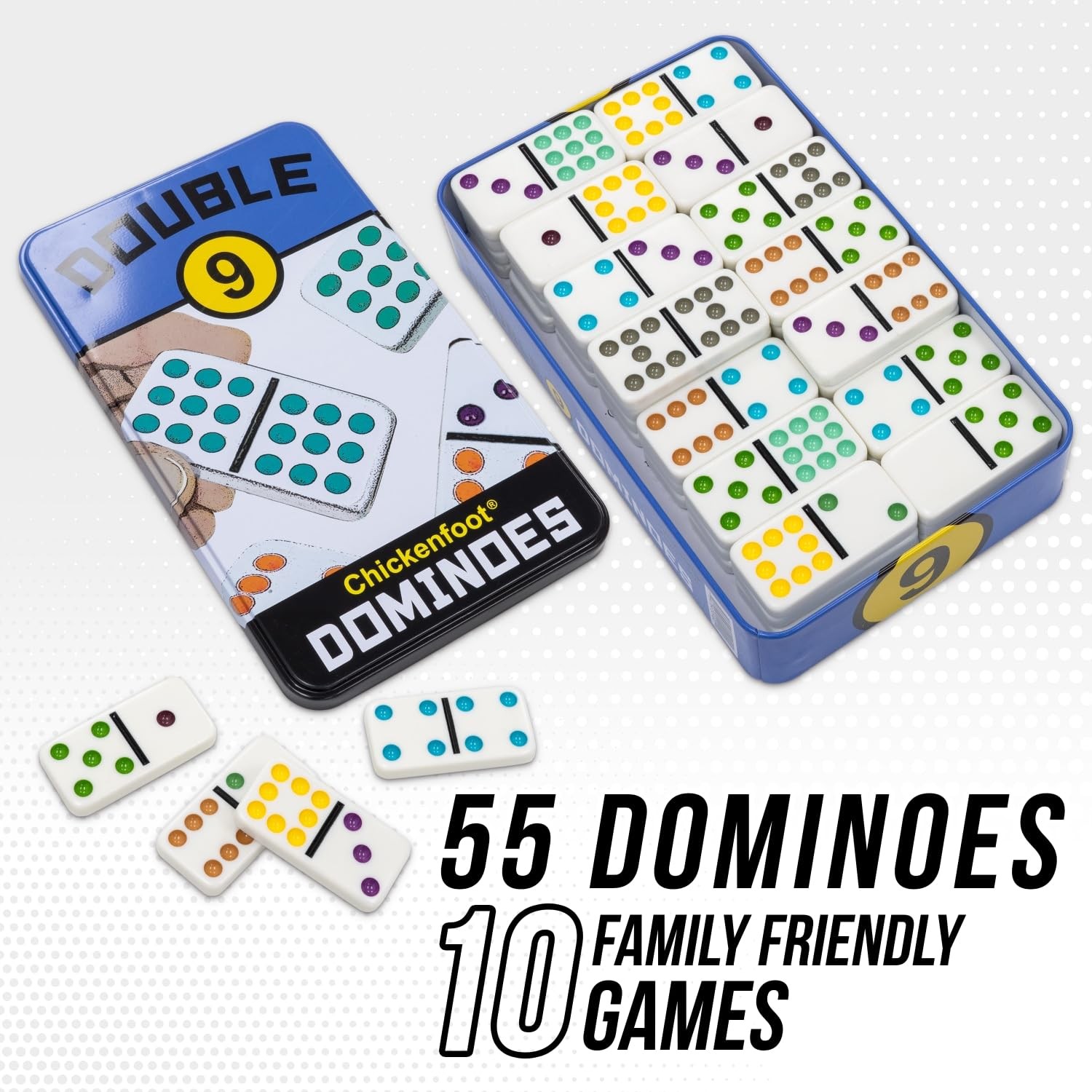 , Double 9 Colored Dot Dominoes Travel Tin Set, 2 to 8 Players Ages 8 to 99