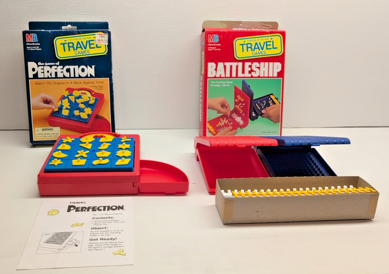 OPEN BOX! NEW! VINTAGE TRAVEL BOARD GAME 1990 PERFECTION & 1989 BATTLESHIP MB