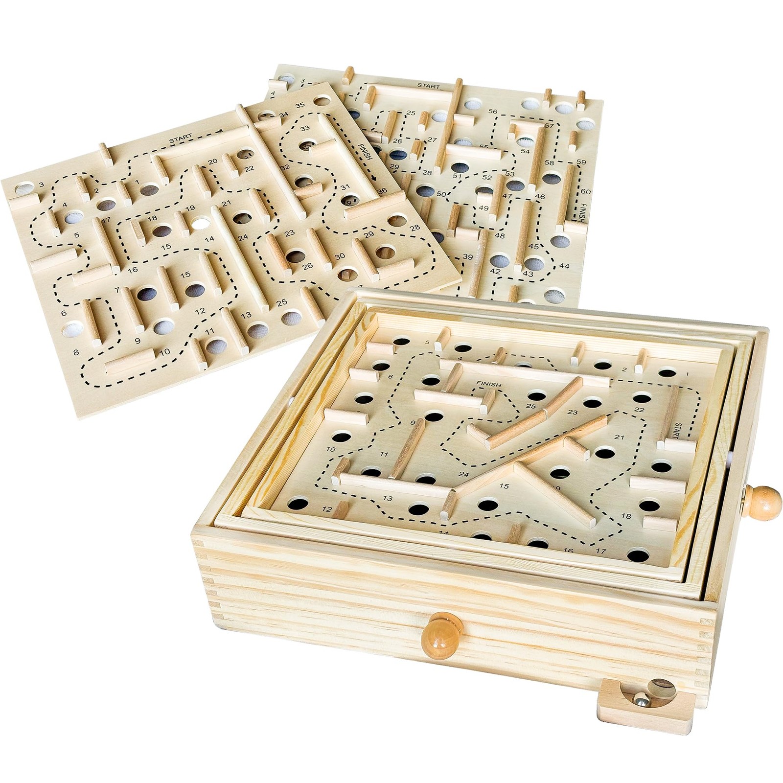 Wooden Labyrinth Maze Game 3 Swappable Boards Steel Marbles Knob Control Games