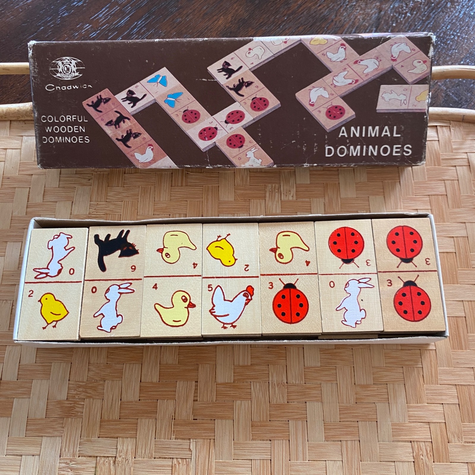 Vintage 1984 Colorful Wooden Animal Dominoes 28 pc Set w/ Box and Instructions