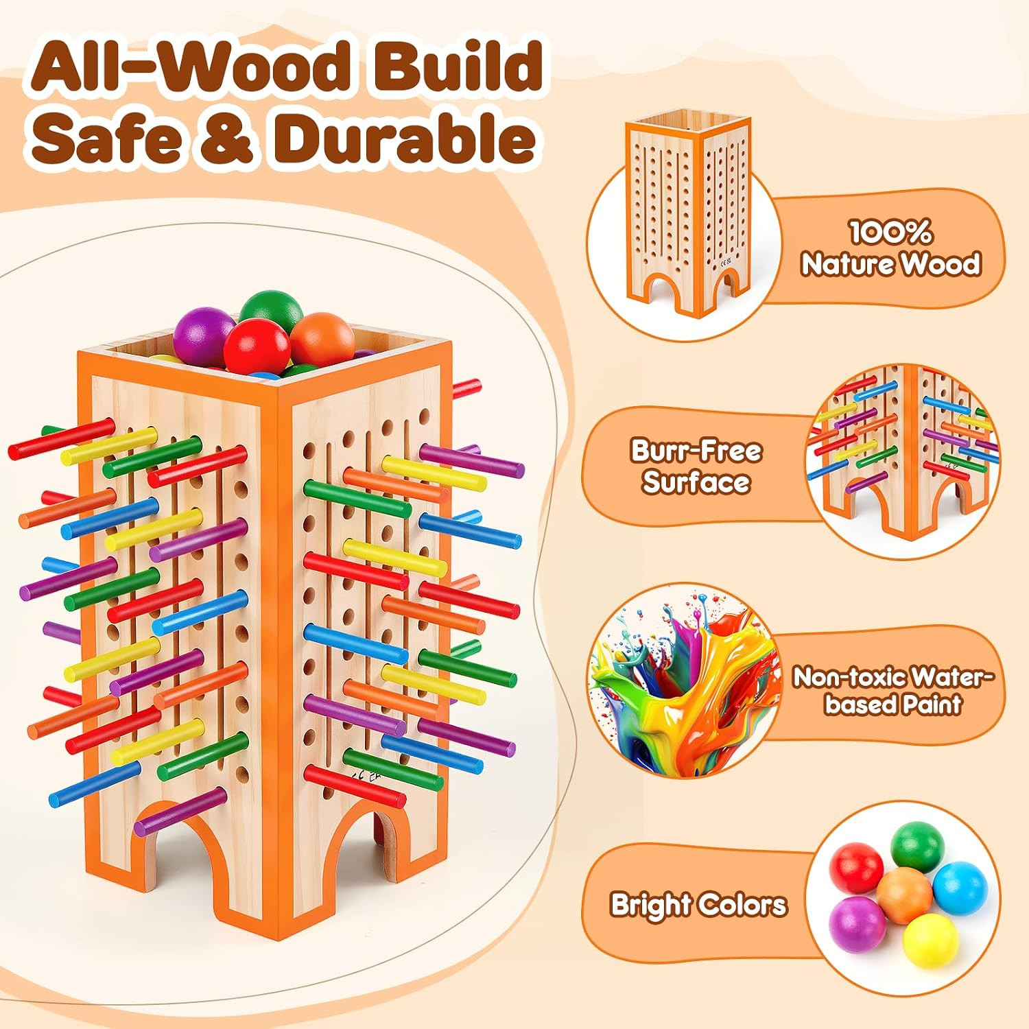 Montessori Board Game for Kids 4-6, 42 Colorful Wooden Sticks Dice Game with 12