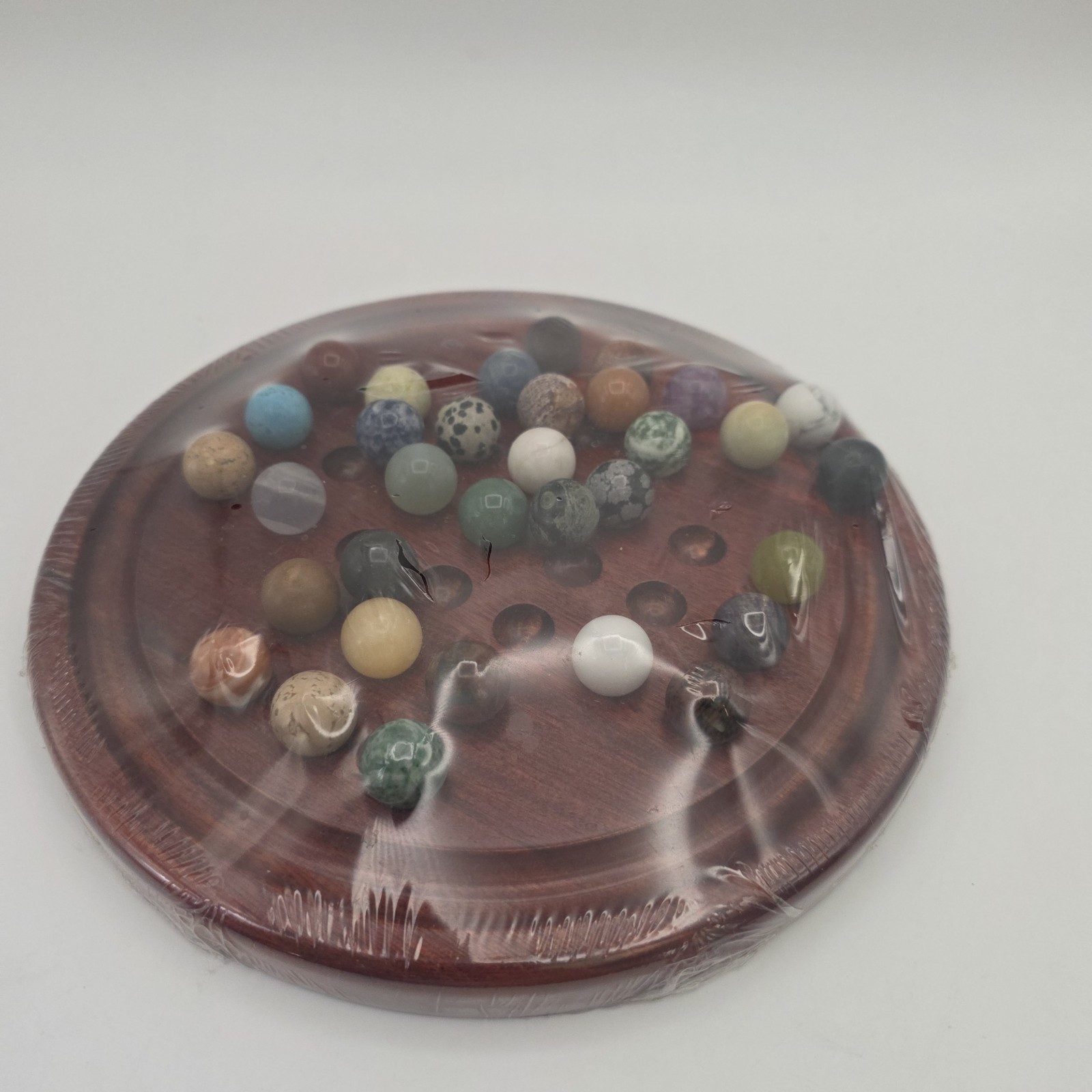 Miniature Marble Solitaire Game with Semi Precious Gemstones Minerals Wood Board