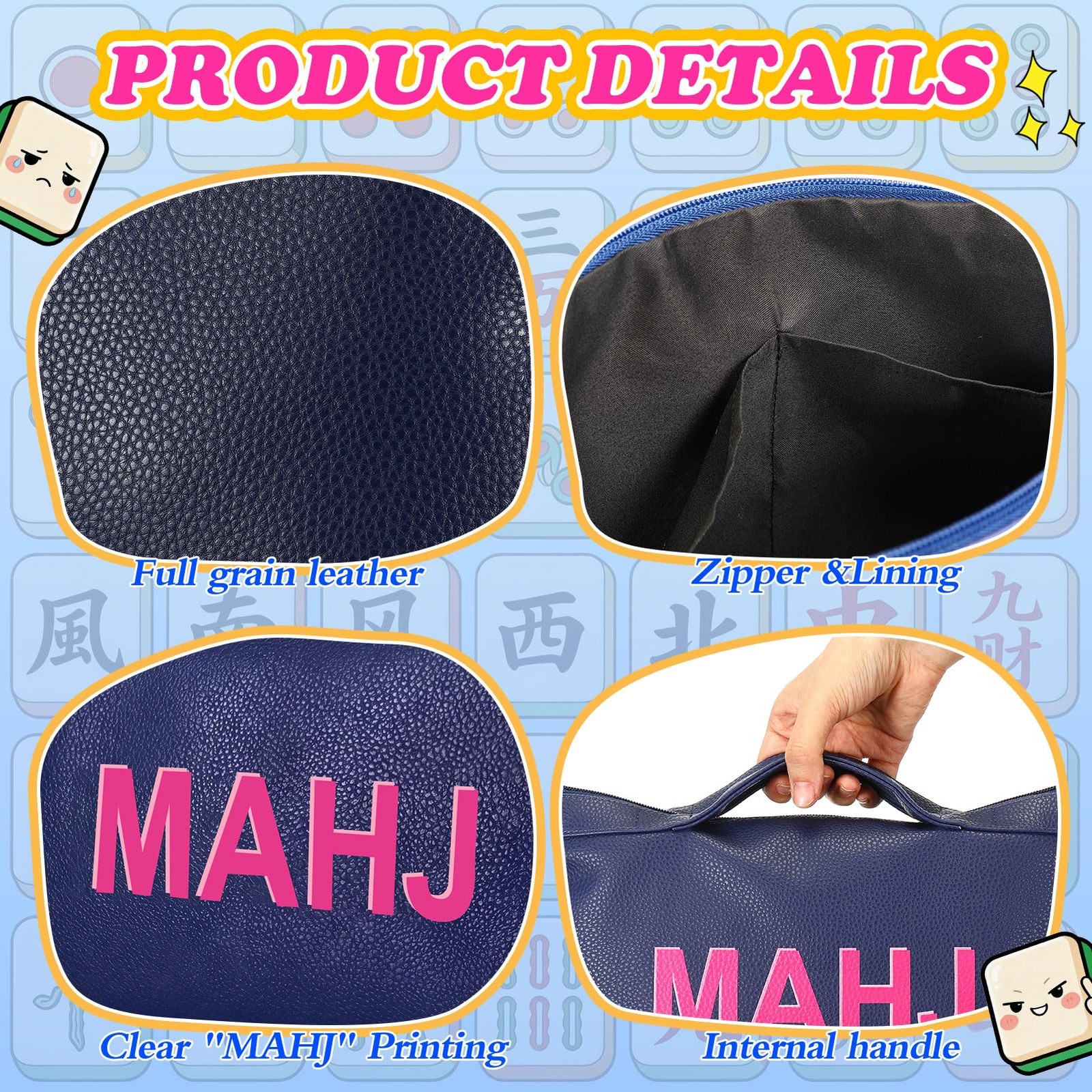 Leather Mahjong Tile Bag with Zipper Handle Lining Mahjong Storage Pouch for …