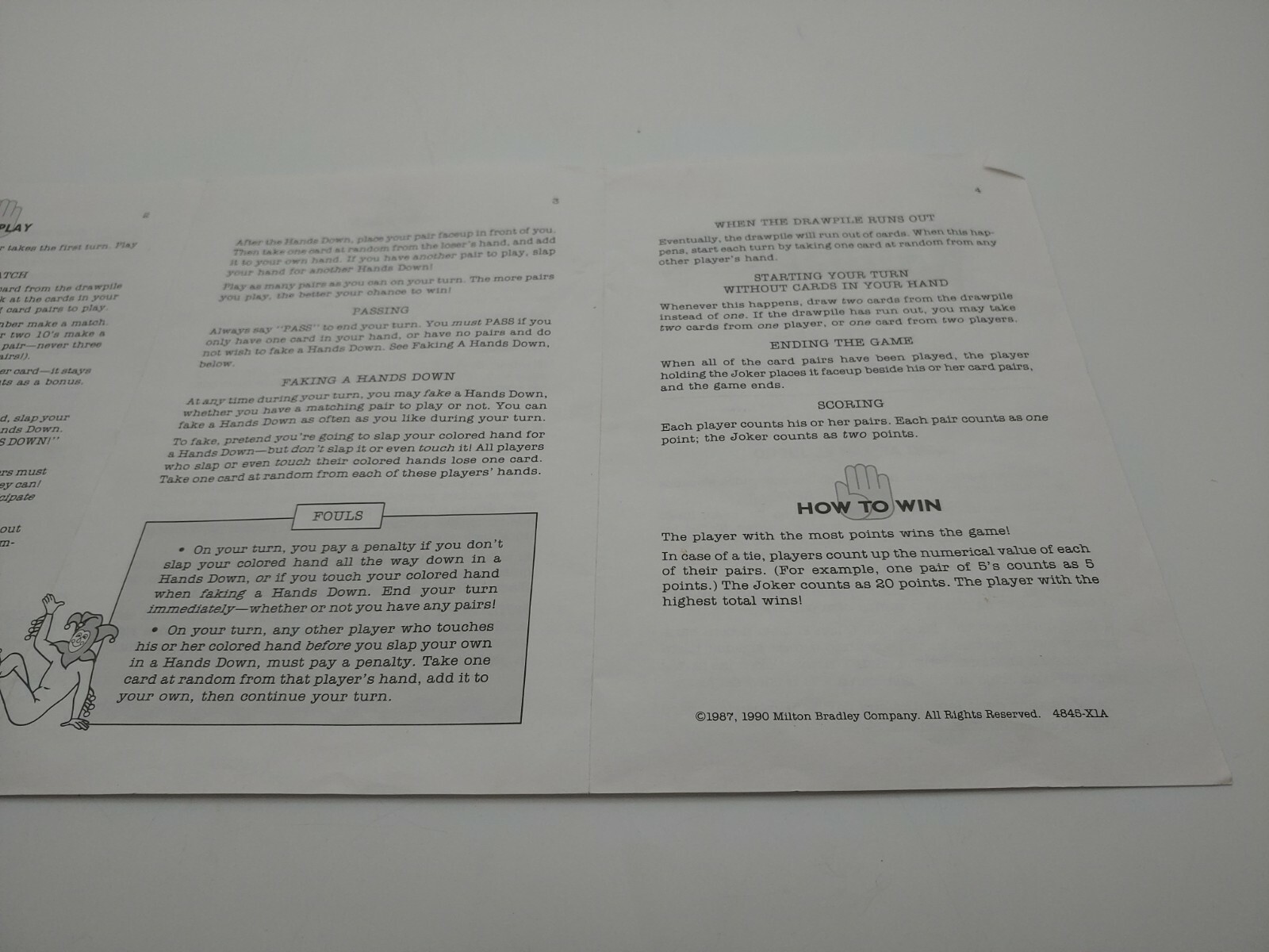 1990 Hands Down Board Game Replacement Instruction Manual Rules Only
