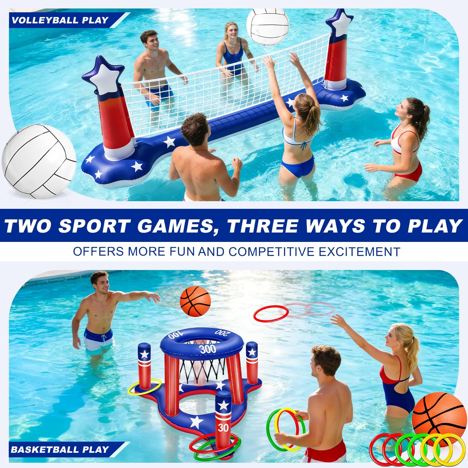Pool Games Set 3-in-1 Volleyball Net Basketball Hoop Ring Toss Large July 250th