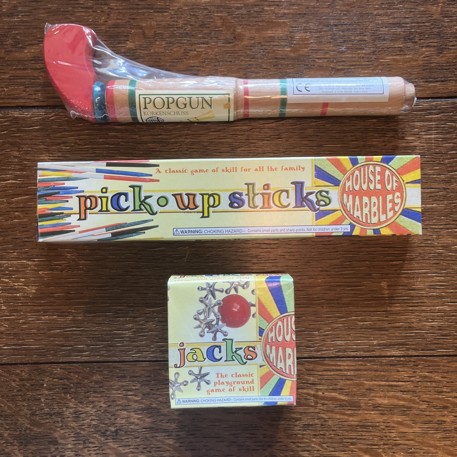 House Of Marbles Set of 3 Toys: Pop Gun, Pick Up Sticks & Jacks | Brand New