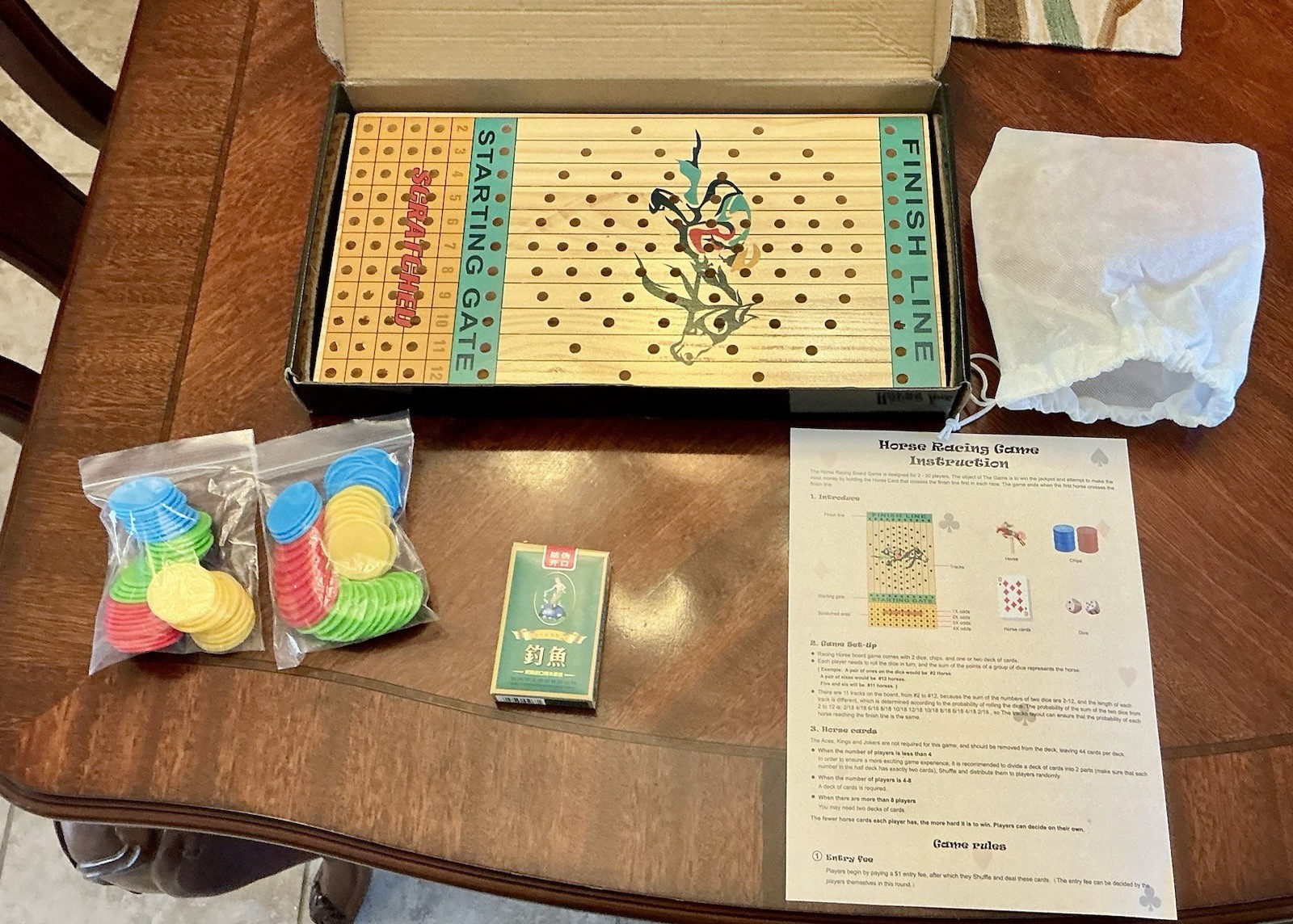 Shenzhen Horse Racing Board Game Wooden Board Horses, Chips, Dice & Cards UNUSED
