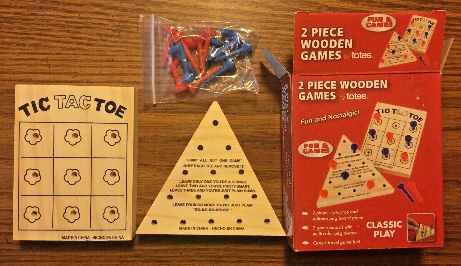 2 Piece Wooden Games By Totes Tic-Tac-Toe & Solitaire Mini Travel Peg Boards New