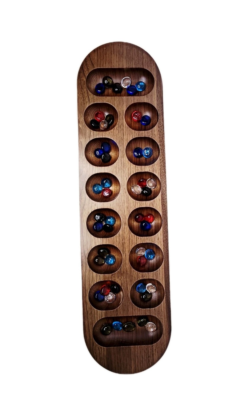 Vtg FAO Schwarz Cardinal MANCALA Premiere Edition Solid Walnut Wood & Gemstones