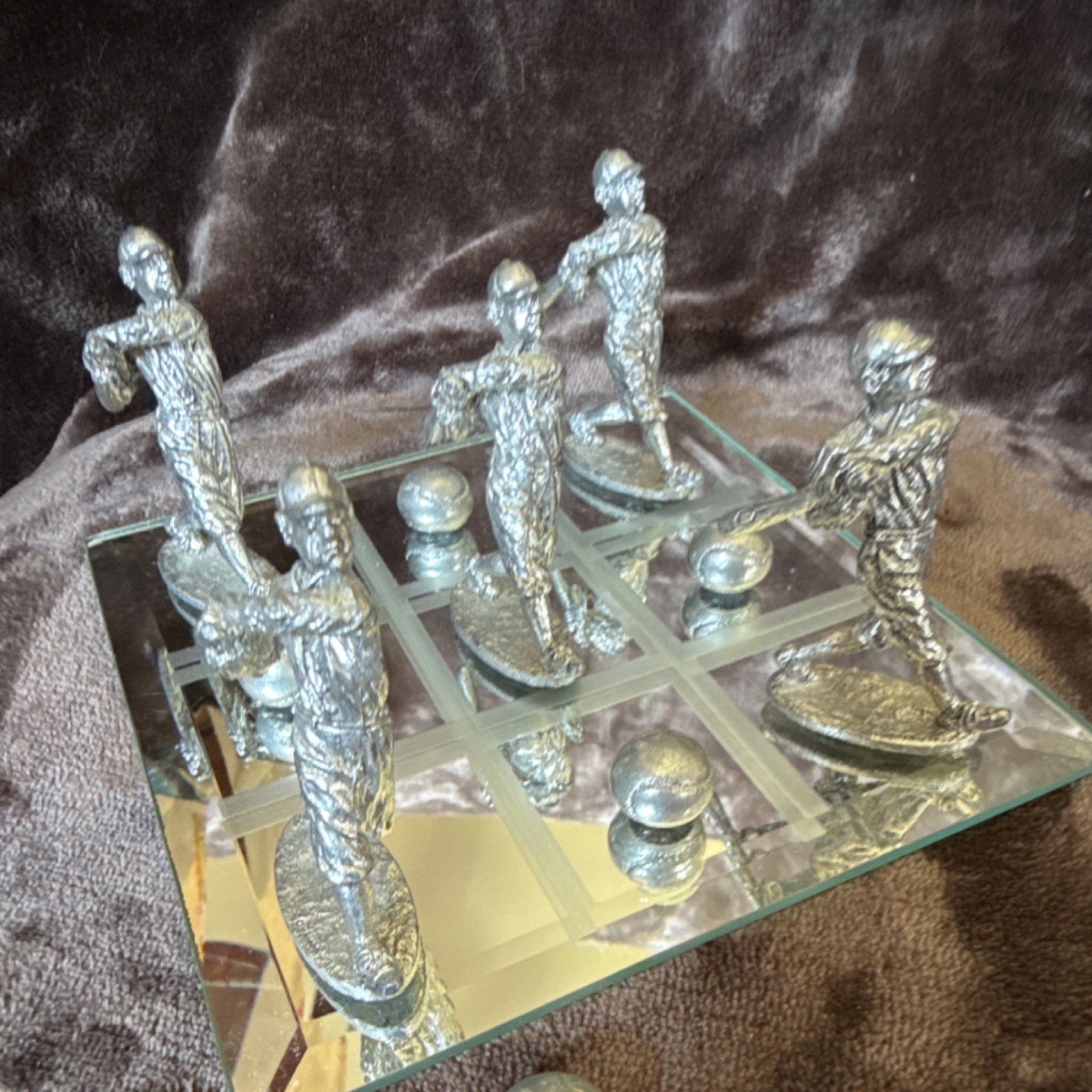 Tic Tac Toe Board Game Set Mirrored Glass Grid w/ Pewter Baseball Figurine Pcs
