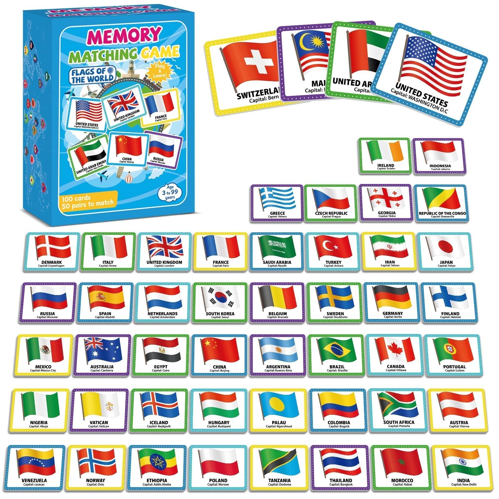 50 Pairs Memory Matching Game Flags of The World Concentration Memory Card fo…
