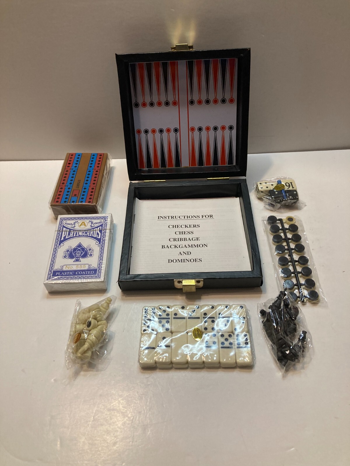 NEW Travel Game Set 6 in 1 Checkers Chess Backgammon Cribbage Dominoes Cards