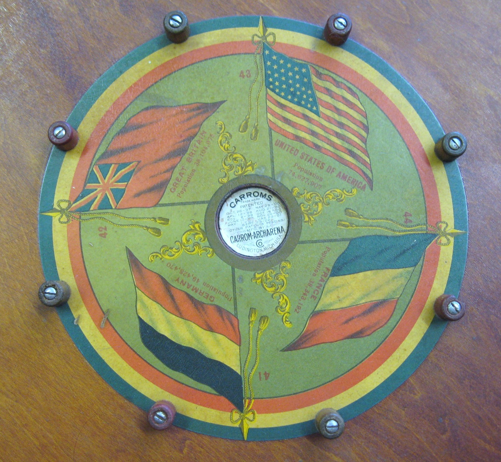 Early 1900’s CARROM-ARCHARENA “FLAGS Of The NATIONS” CROKINOLE / CARROM BOARD #2