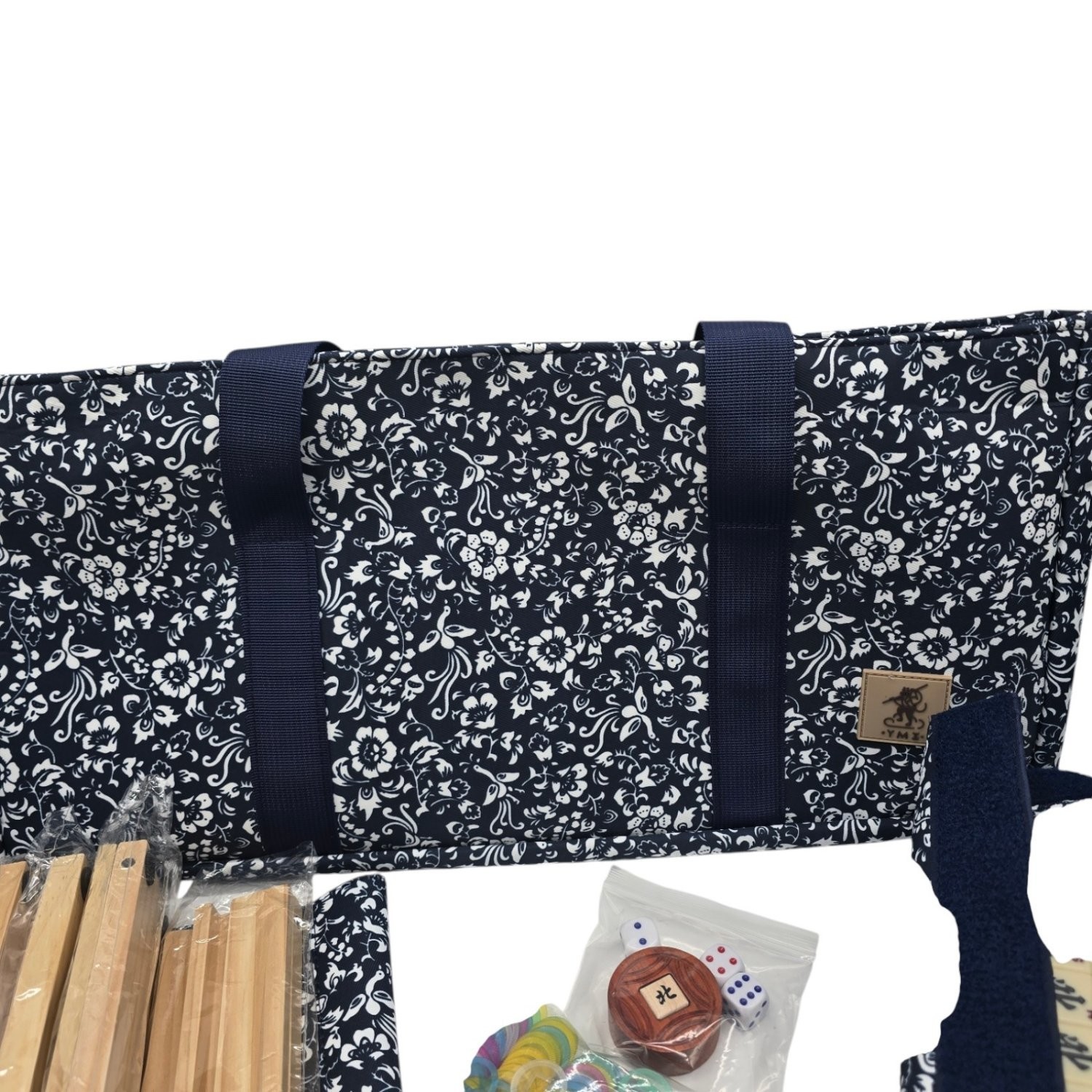 Yellow Mountain Imports American Mahjong Set Blue Calico Soft Case Racks Pushers