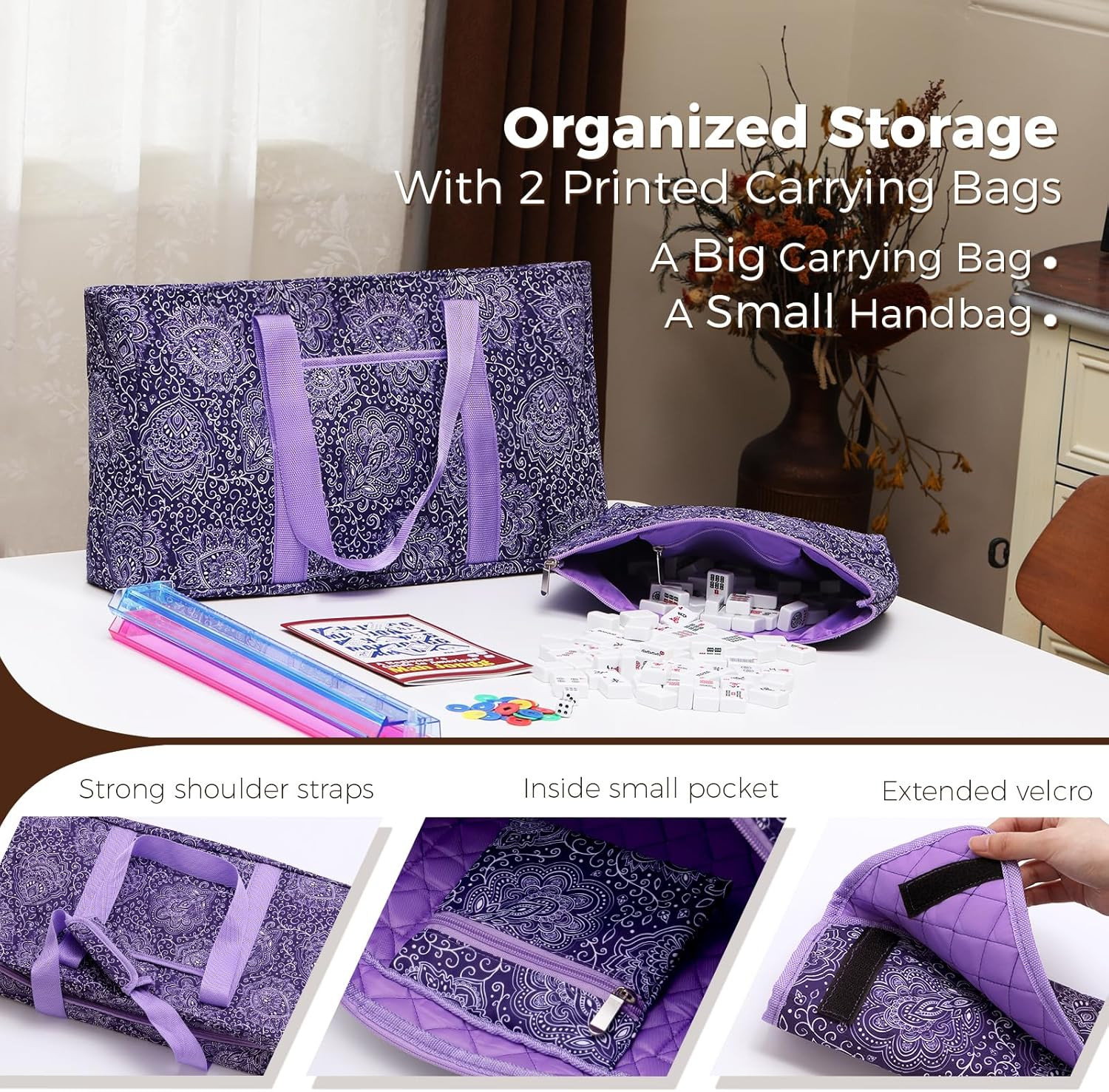American Mahjong Tile Set with Purple Printed Carrying Bag, 166 Premium White Ti
