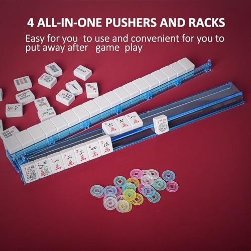 Mahjong Set with Blue Carrying Bag, 166 White Tiles, 4 Racks & Pushers, Game Set