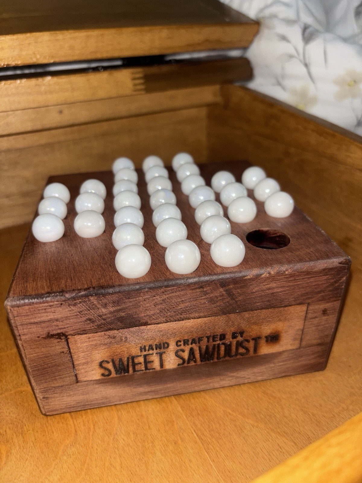 Vintage Handmade Marble Solitaire Game Solid Wood Board White Glass Marbles