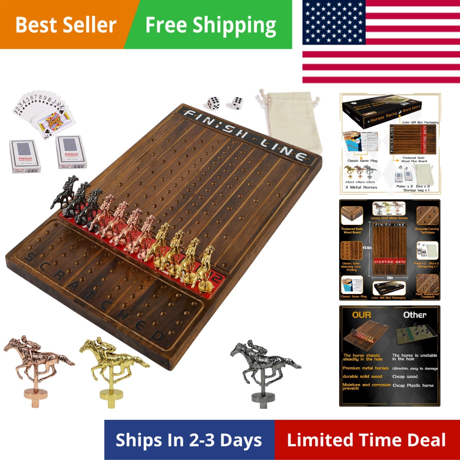 Horse Race Board Game Racing Game Thickened Solid Wood with 11 Luxurious Dura…