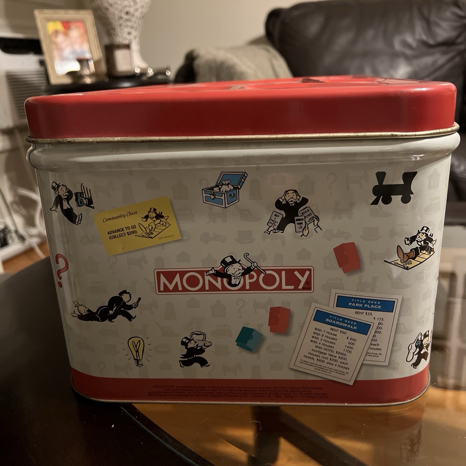 Vintage Hasbro Monopoly Popcorn Tin Toy Chest 1998 Large 13.5×9.25×7.5″‘