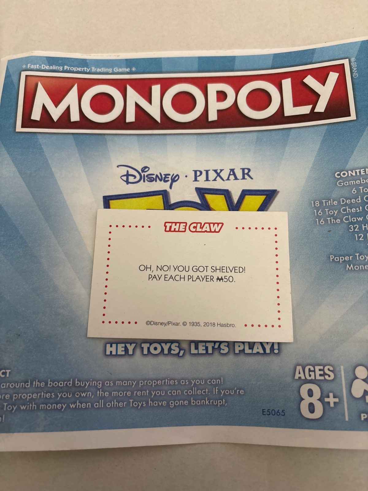 2018 Monopoly Toy Story You Got Shelved! Chance Claw Card Game