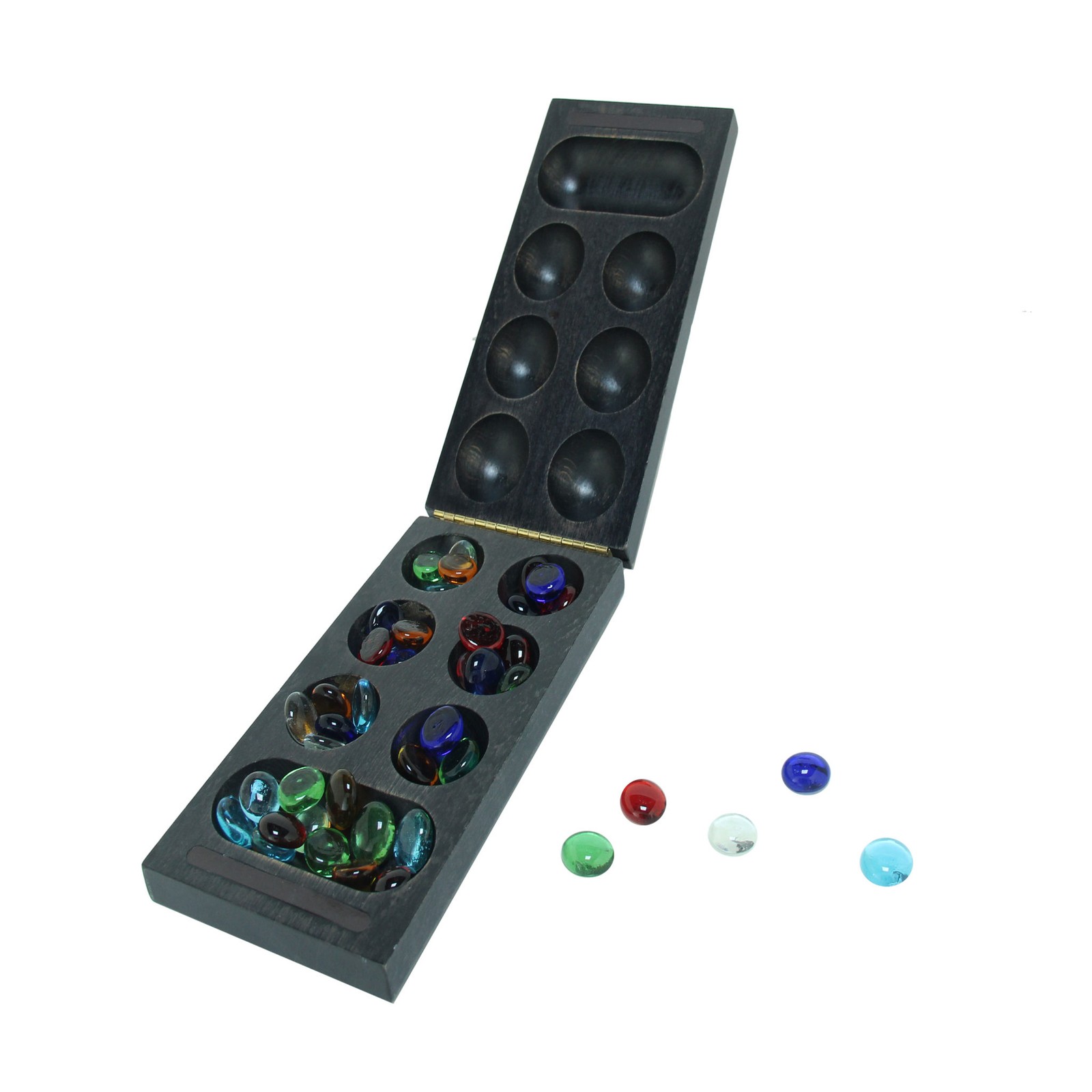 WE Games Folding Mancala – Solid Wood Board & Glass Stones