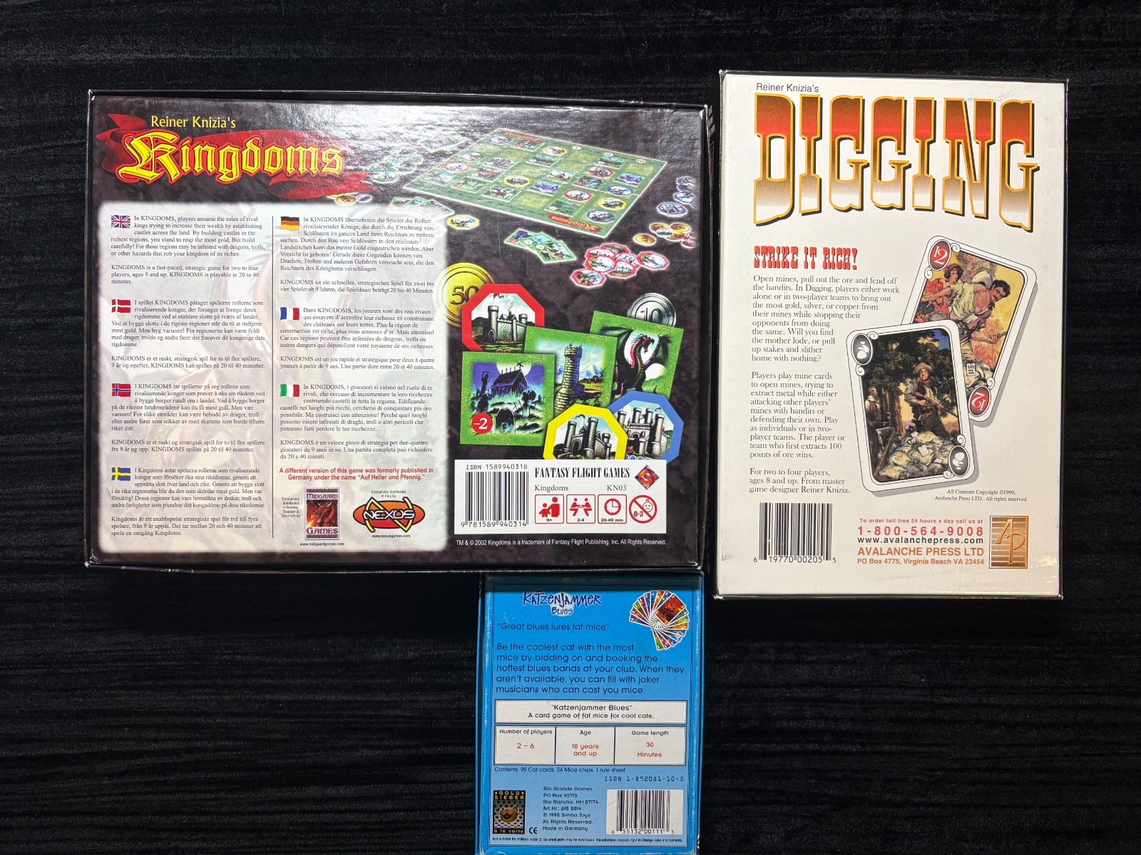3 Reiner Knizia Games Lot Kingdoms, Digging and Katzenjammer Blues