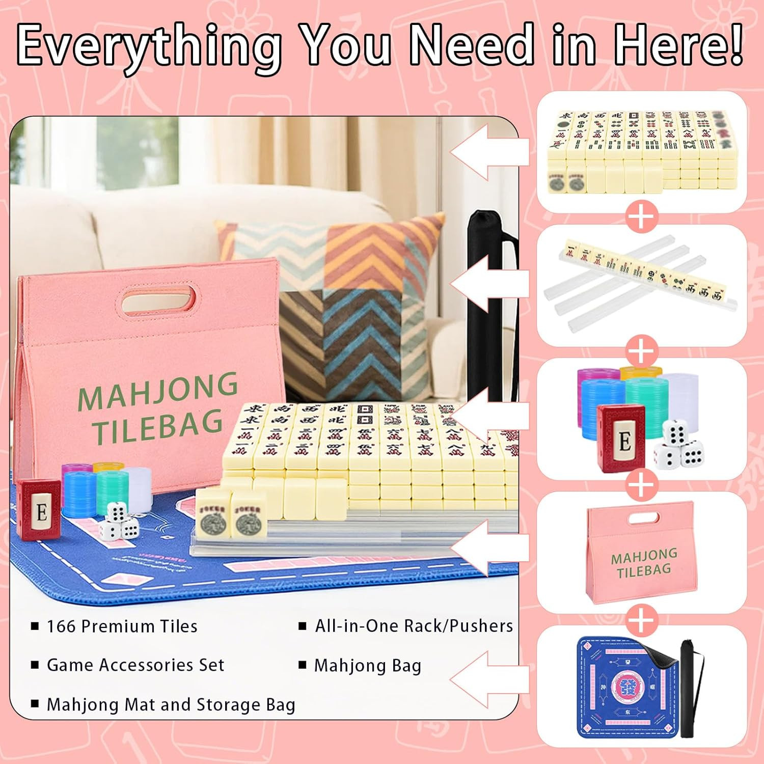 American Mahjong Tiles Set, 166 White Tiles Game with Noise Reducing Mahjong Mat