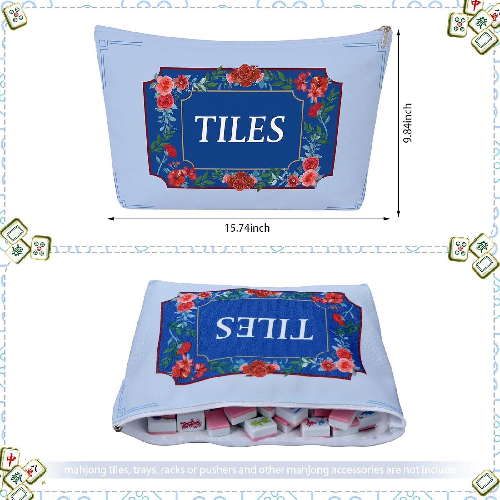 Mahjong Bag Set for Tiles and Racks Cotton Canvas 24x13x4.7 Inch Red Flowers