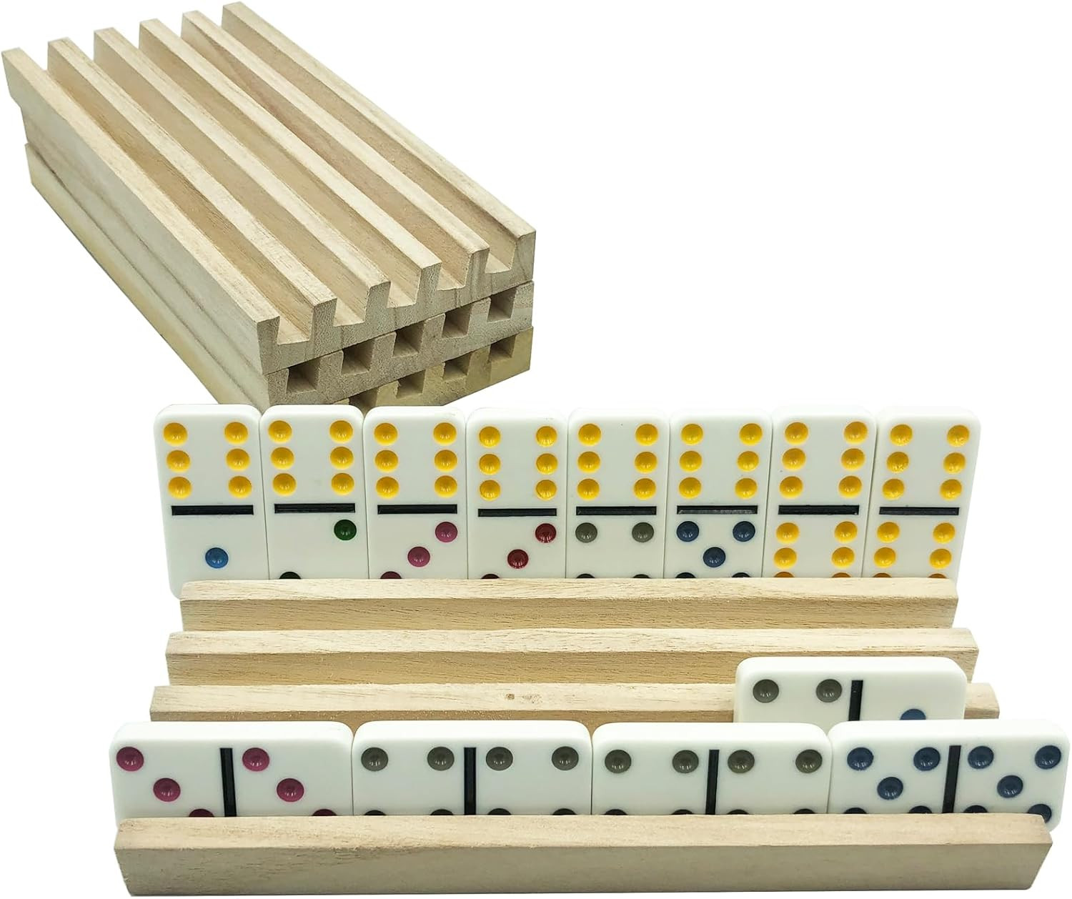 Domino Holder Trays Rack – Set of 4 Wooden Tiles Stand Holders for Mexican Train