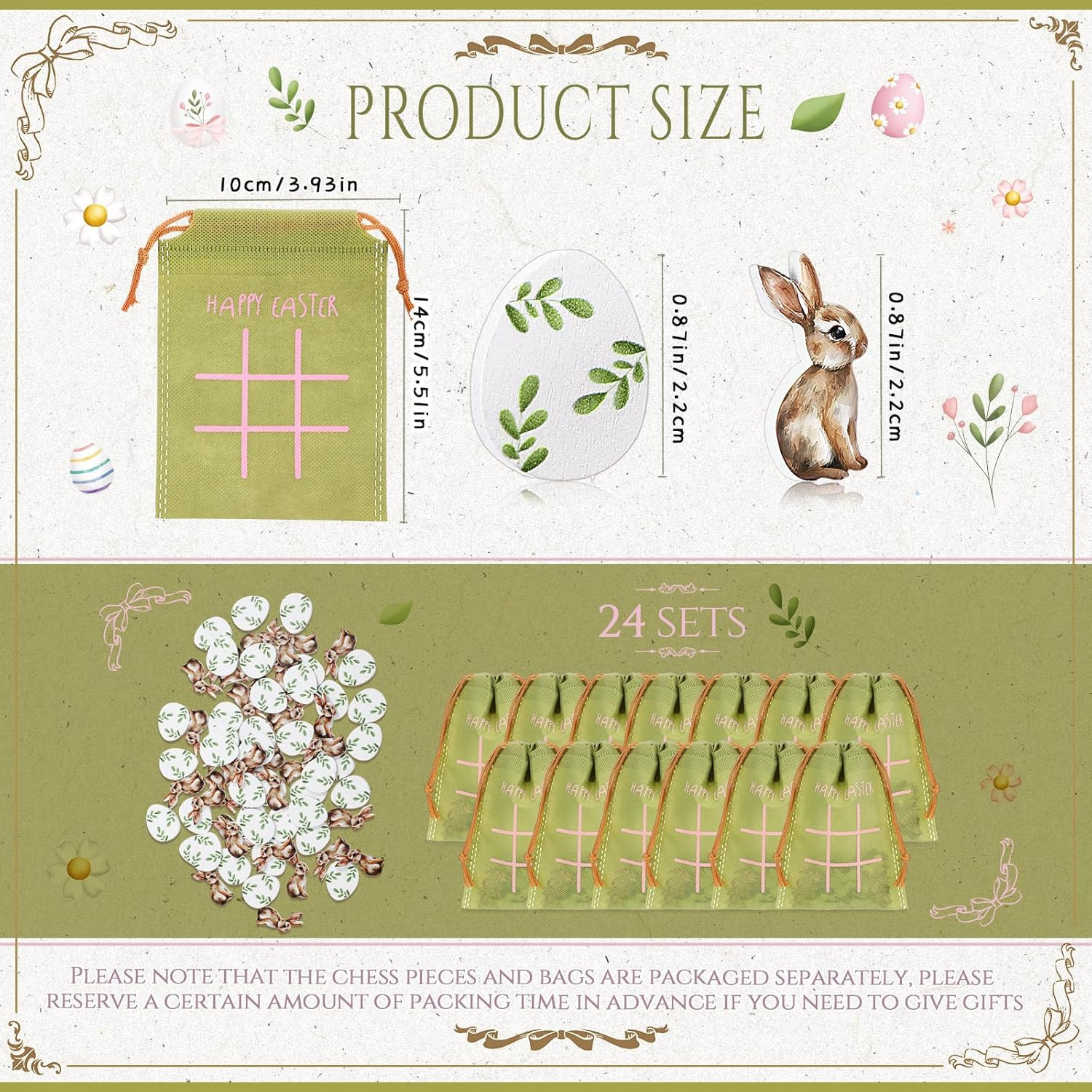 36 Set Easter Game for Kids Bulk Bunny Tic Tac Toe with Vintage Easter Egg Woode