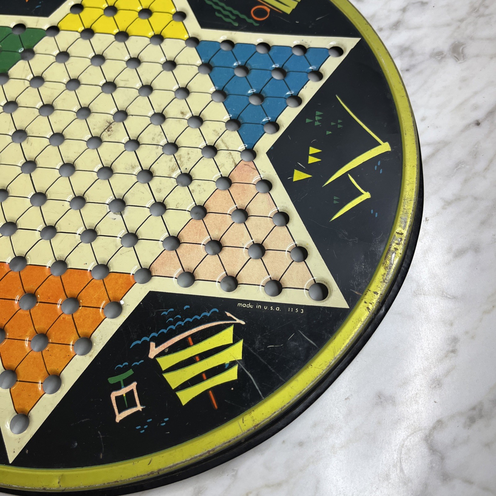 Vintage Pressman Toy Corp Chinese Checker Board Round Metal Multicolor 1153 USA