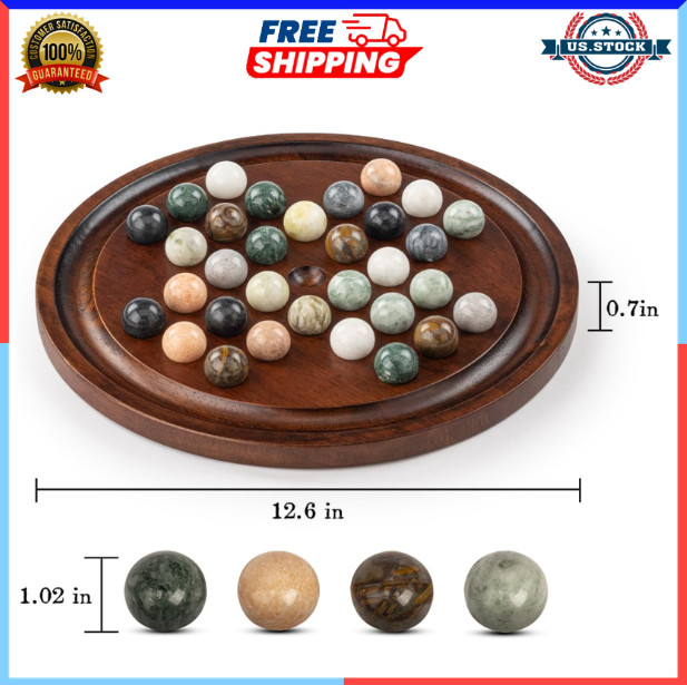 12.6” Wooden Solitaire Board Game Single Player Strategy with Marble Balls Set