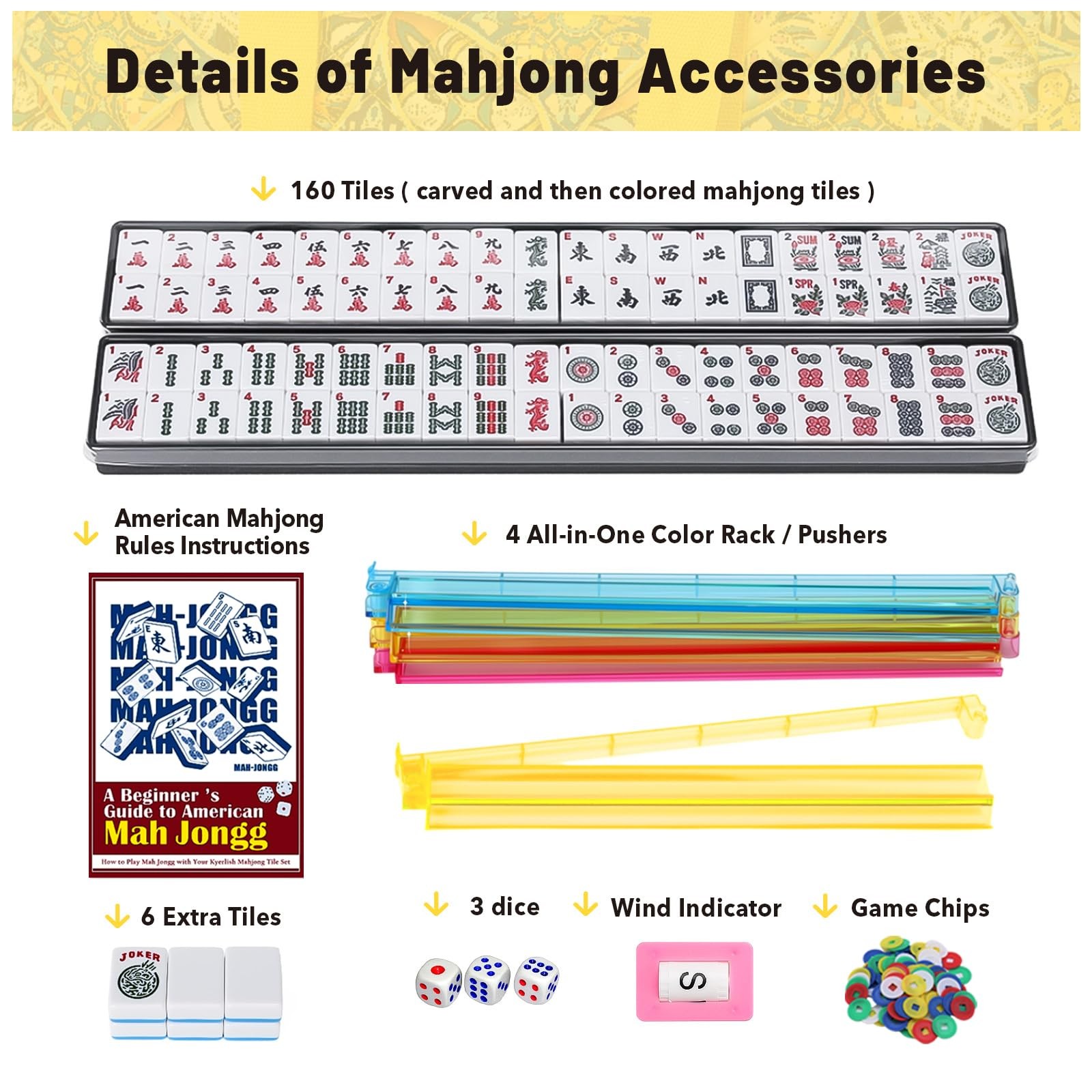 American Mahjong Tile Set with Yellow Printed Carrying Bag, 166 Blue Tiles, 4…