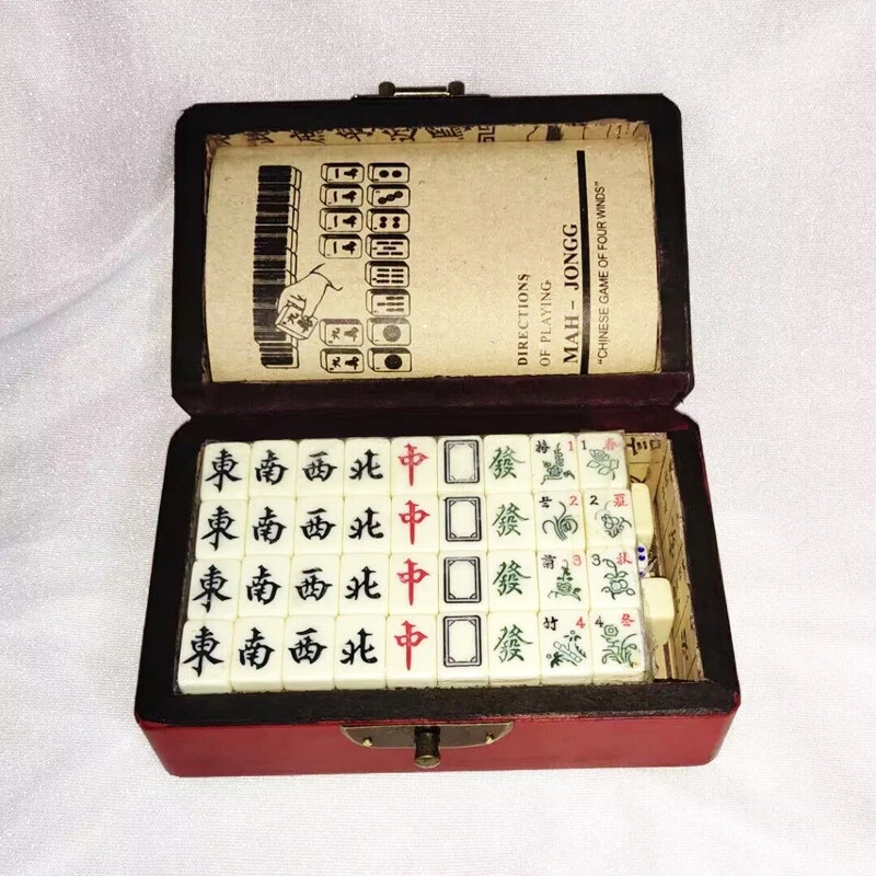 Vintage Chinese Mahjong Set Traditional 144 Tiles Mah-Jong Game Set w/ Case Box