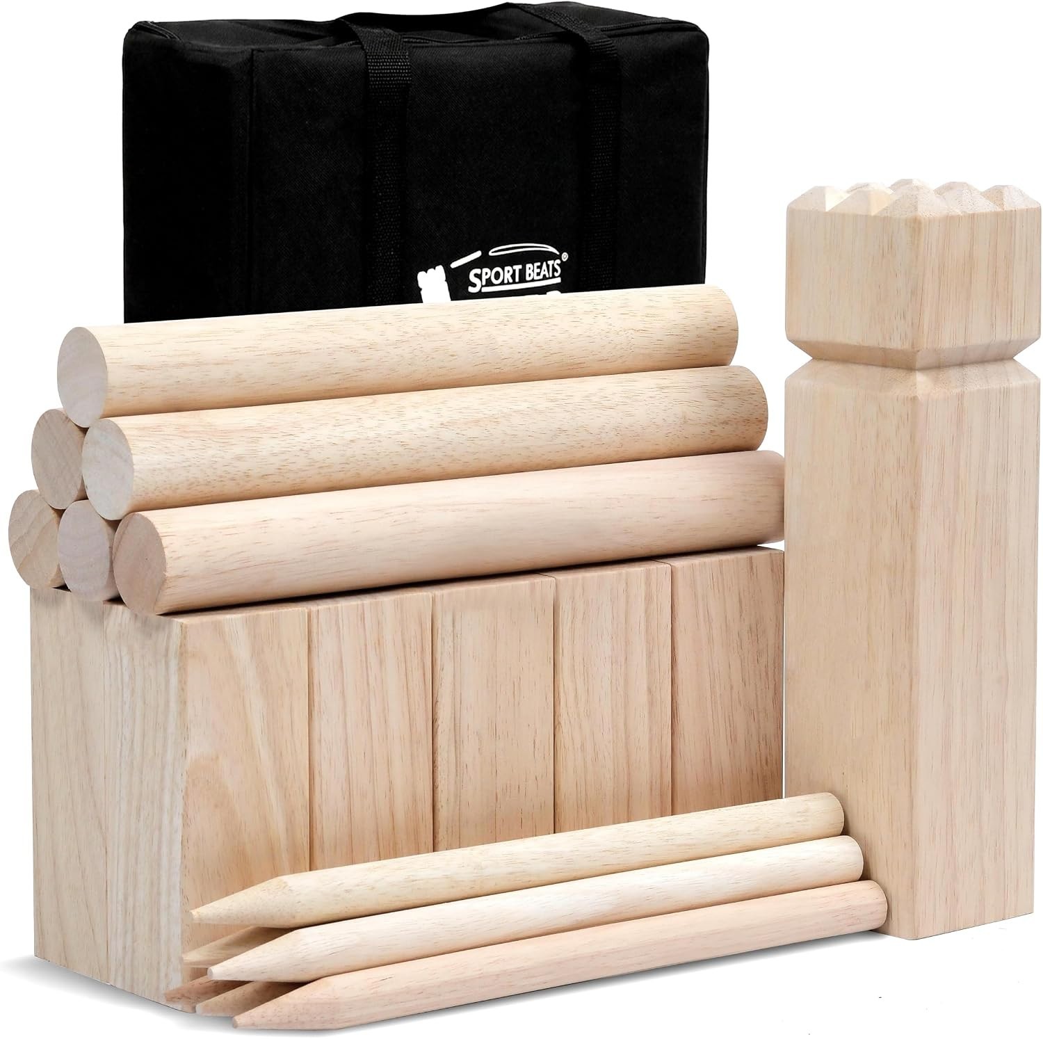 Complete Kubb Game Set: Natural Rubberwood with Travel Case for Multiple Players